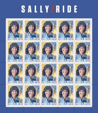 The United States Postal Service's new Sally Ride Forever stamps are offered in sheets of 20 stamps, as pictured here.