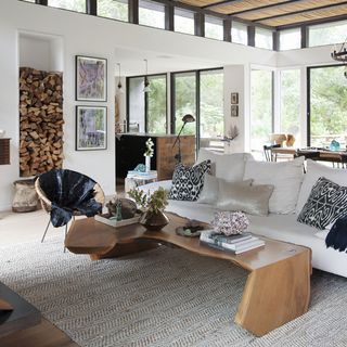 living room with coffee table books and potted plants
