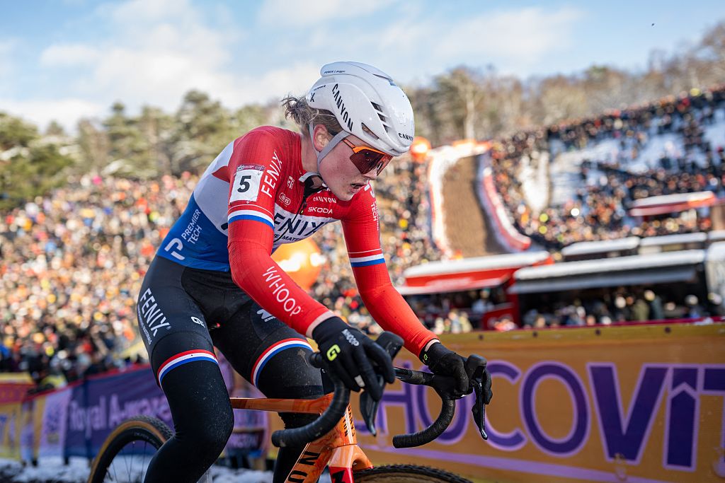 Dutch Puck Pieterse pictured in action during the women's elite race at the World Cup cyclocross cycling event in Zonhoven on Sunday 04 January 2026, stage 9 (out of 12) of the UCI World Cup competition. BELGA PHOTO DAVID PINTENS (Photo by DAVID PINTENS / BELGA MAG / Belga via AFP)