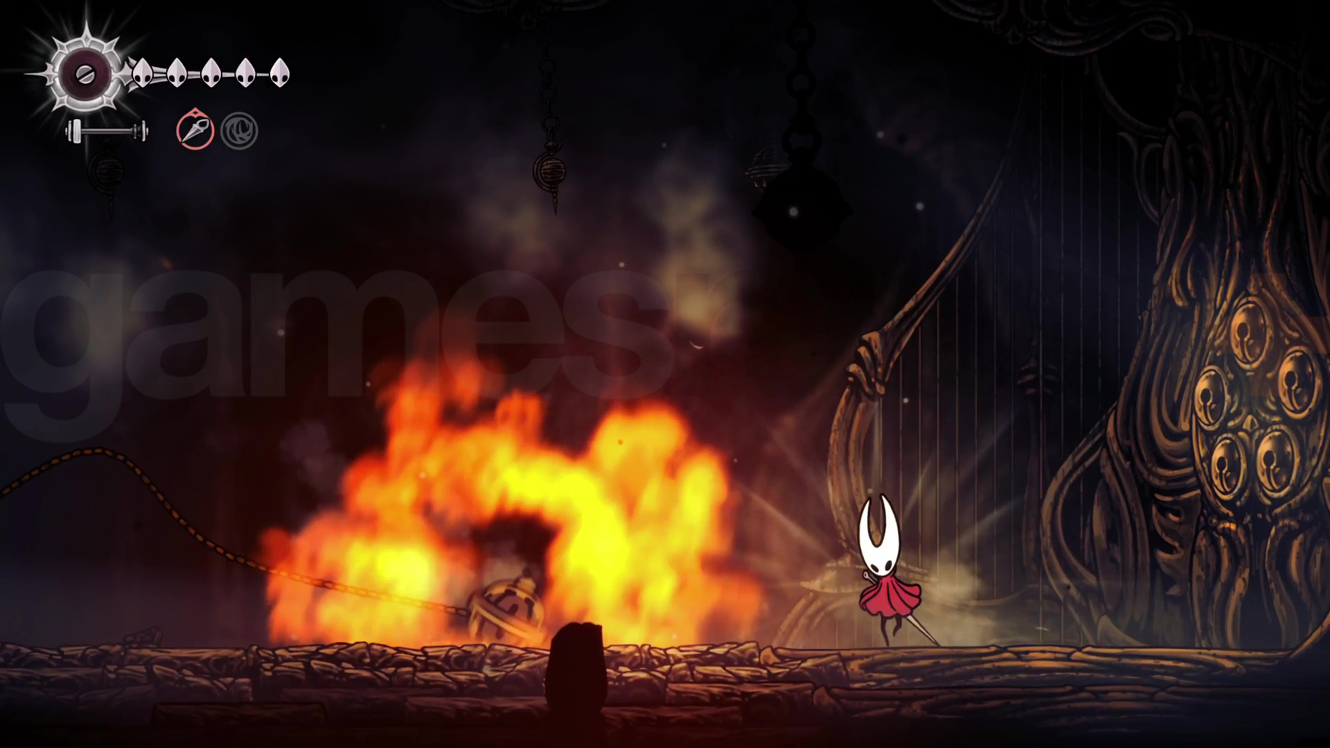 Hornet avoids an exploding attack from the Last Judge in Silksong