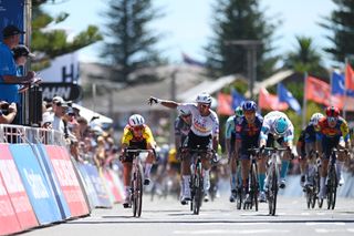 VICTOR HARBOR AUSTRALIA JANUARY 24 LR Stage winner Bryan Coquard of France and Team Cofidis Jhonatan Narvaez of Ecuador and UAE Team Emirates Xrg Phil Bauhaus of Germany and Team Bahrain Victorious and Tim Torn Teutenberg of Germany and Team Lidl Trek sprint at finish line during the 25th Santos Tour Down Under 2025 Stage 4 a 1572km stage from Glenelg to Victor Harbor UCIWT on January 24 2025 in Victor Harbor Australia Photo by Dario BelingheriGetty Images