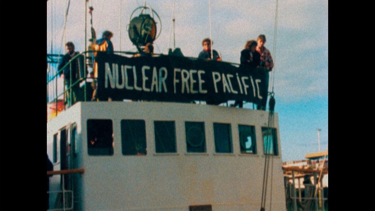  Picture shows: &#039;NUCLEAR FREE PACIFIC&#039; sign on Rainbow Warrior. 