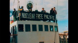  Picture shows: 'NUCLEAR FREE PACIFIC' sign on Rainbow Warrior. 