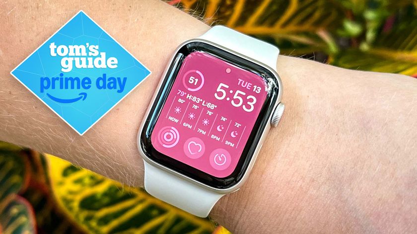 Image of Apple SE on wrist with Prime Day badge 