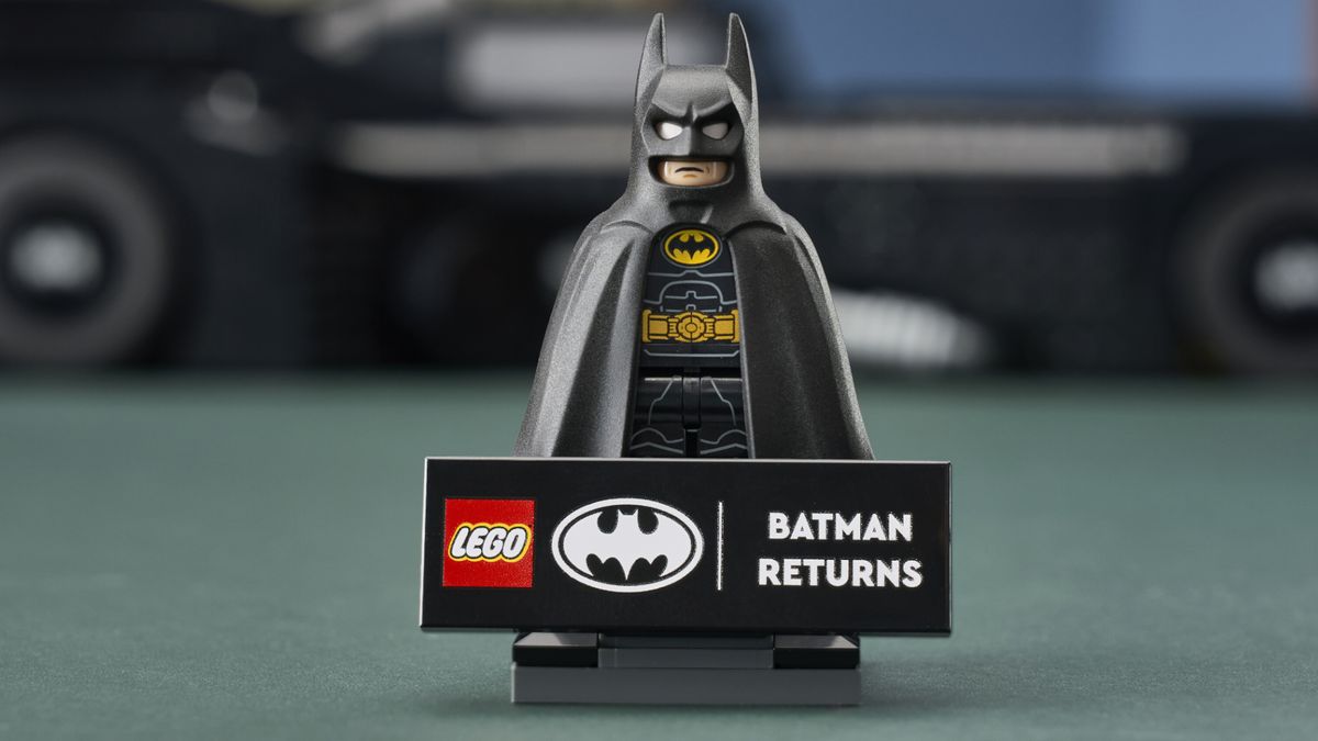 Lego Batman Returns Batmobile minifigure on a stand