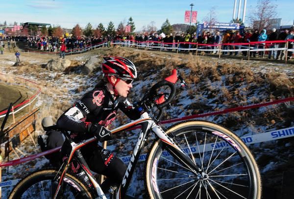 Katie Compton (Planet Bike) running the steps with a good lead.