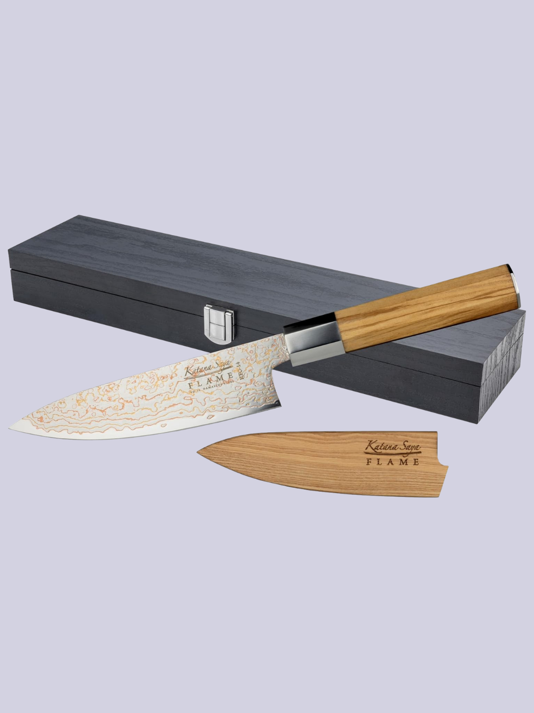 A Japanese chef's knife with a box and a wood saya