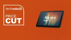 The Amazon Fire HD 8 tablet on an orange background with text saying price Cut.