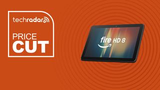 The Amazon Fire HD 8 tablet on an orange background with text saying price Cut.