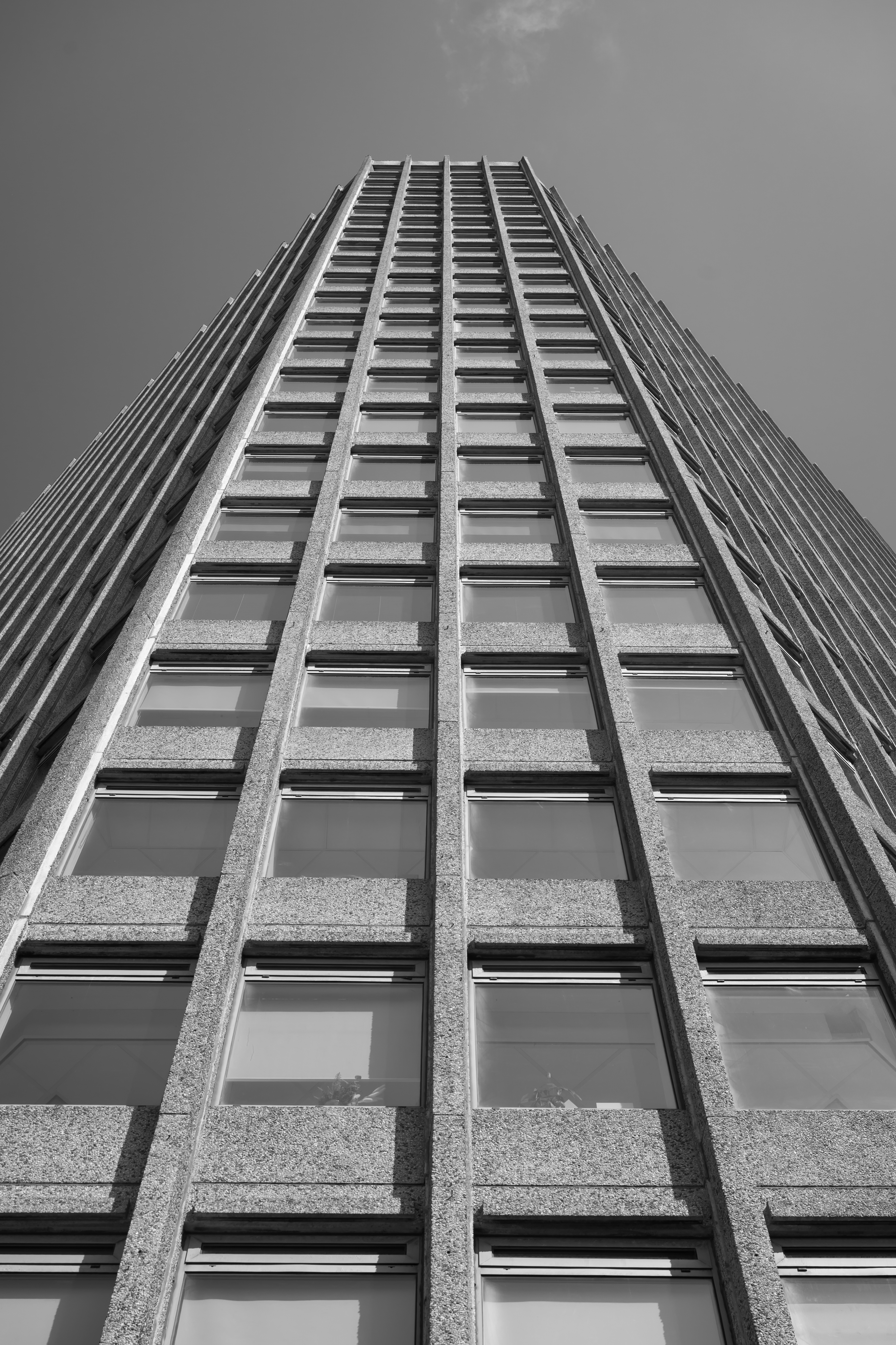 A black and white photo of a tall building shot from the floor.