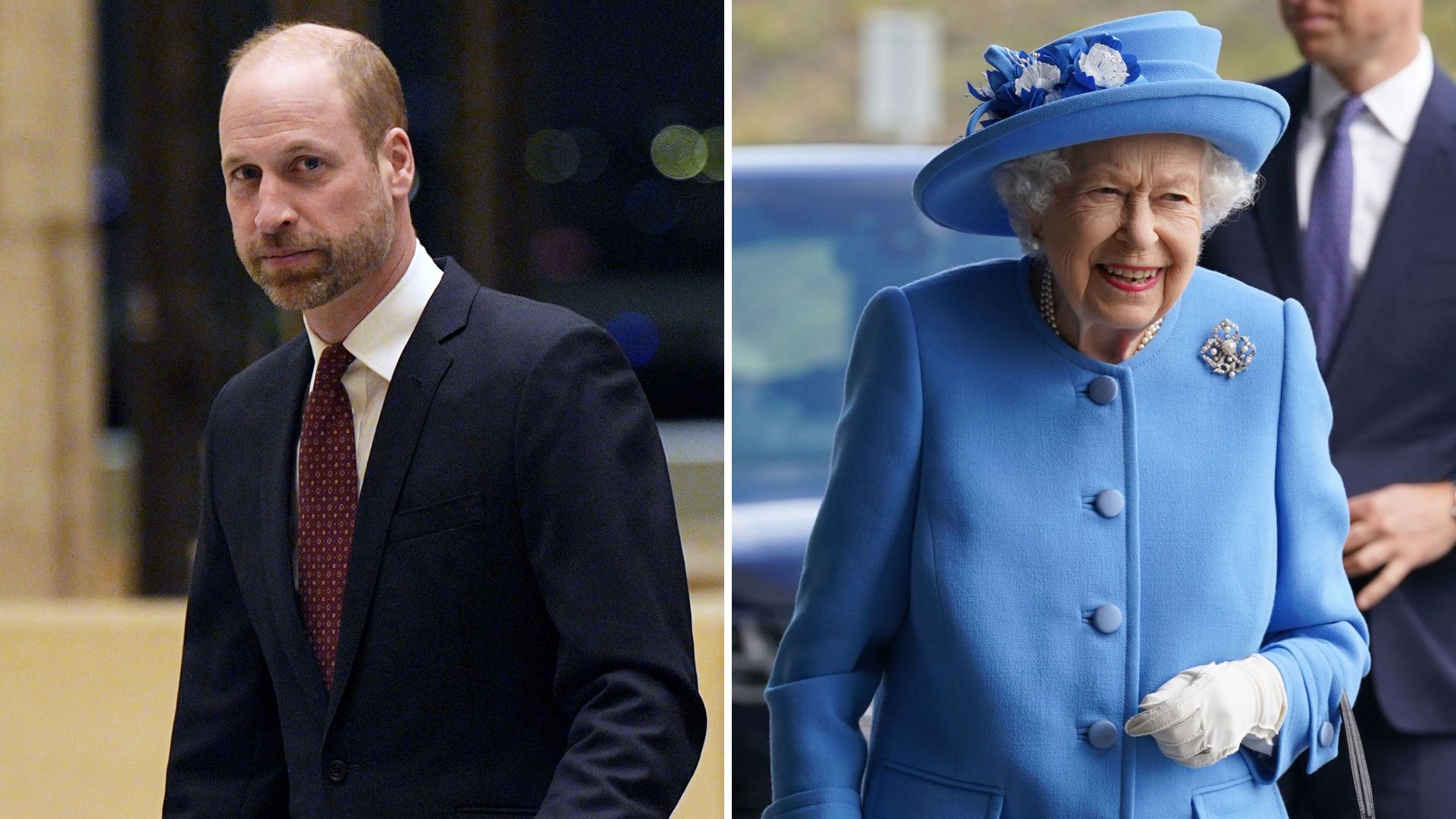 A composite of a picture of Prince William in 2026 and a picture of Queen Elizabeth in 2021