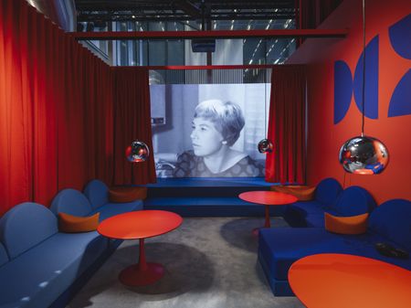 Red and blue exhibition spaces