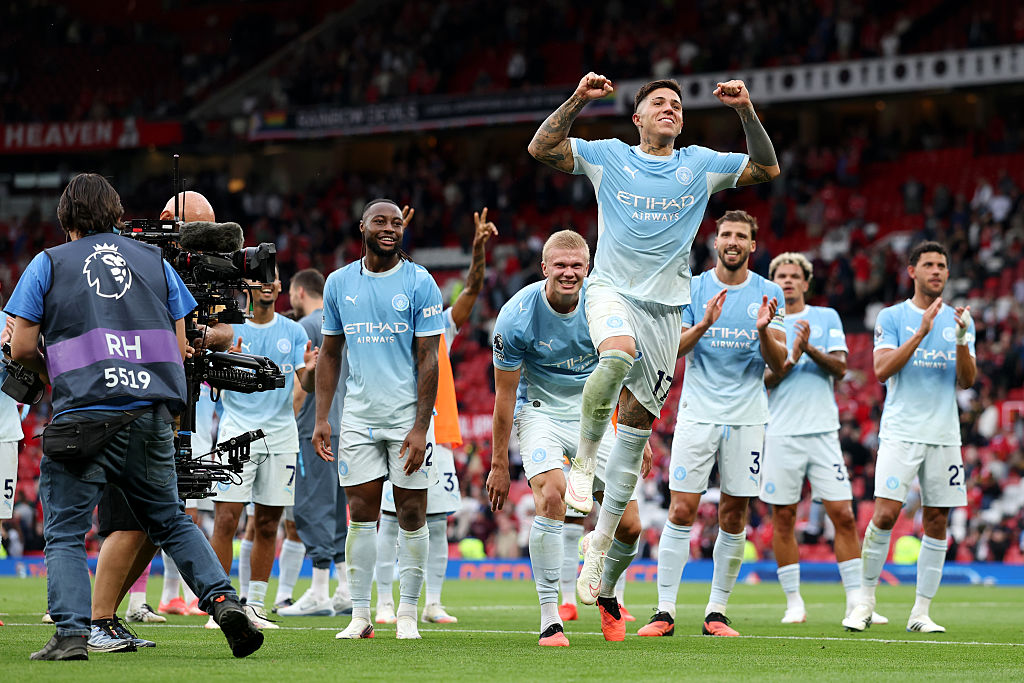 MANCHESTER, ENGLAND - SEPTEMBER 13: Enzo Fernandez of Manchester City celebrates after the Premier League 2026/27 match between Manchester United and Manchester City at Old Trafford on September 13, 2026 in Manchester, England. (Photo by Michael Regan/Getty Images)