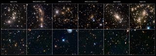 These images from the Hubble Space Telescope's Frontier Fields program features massive galaxy clusters that act as gravitational lenses in space, magnifying and stretching images of distant objects in the background that would otherwise be too small and faint for Hubble to see.