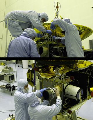 Technicians install and work on two instruments aboard NASA's Pluto-bound New Horizons spacecraft that are making measurements of space weather today.
