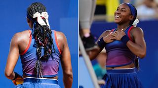 A photo of tennis legend Coco Gauff securing her red, white, and blue-streaked braids with a white bow at the Paris Olympics.