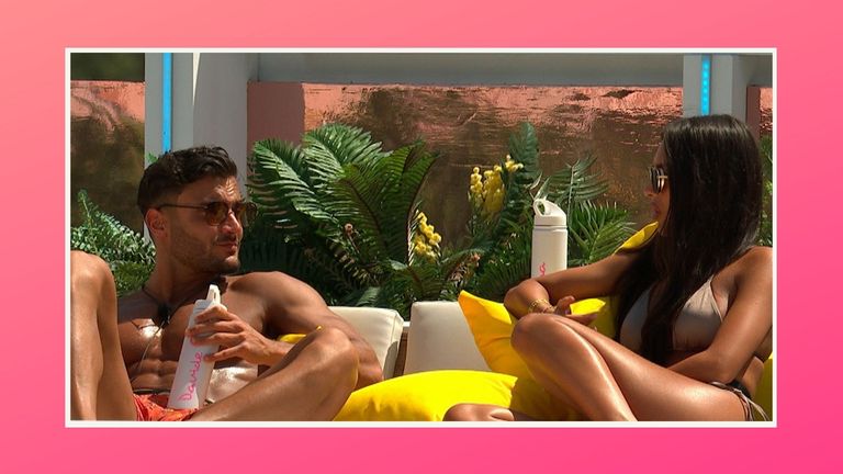 Davide Sanclimenti and Gemma Owen using the Love Island water bottle on Love Island 2022, against a pink background
