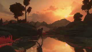 A screenshot shows the Cairn protagonist walking past a river during an orange sunset.