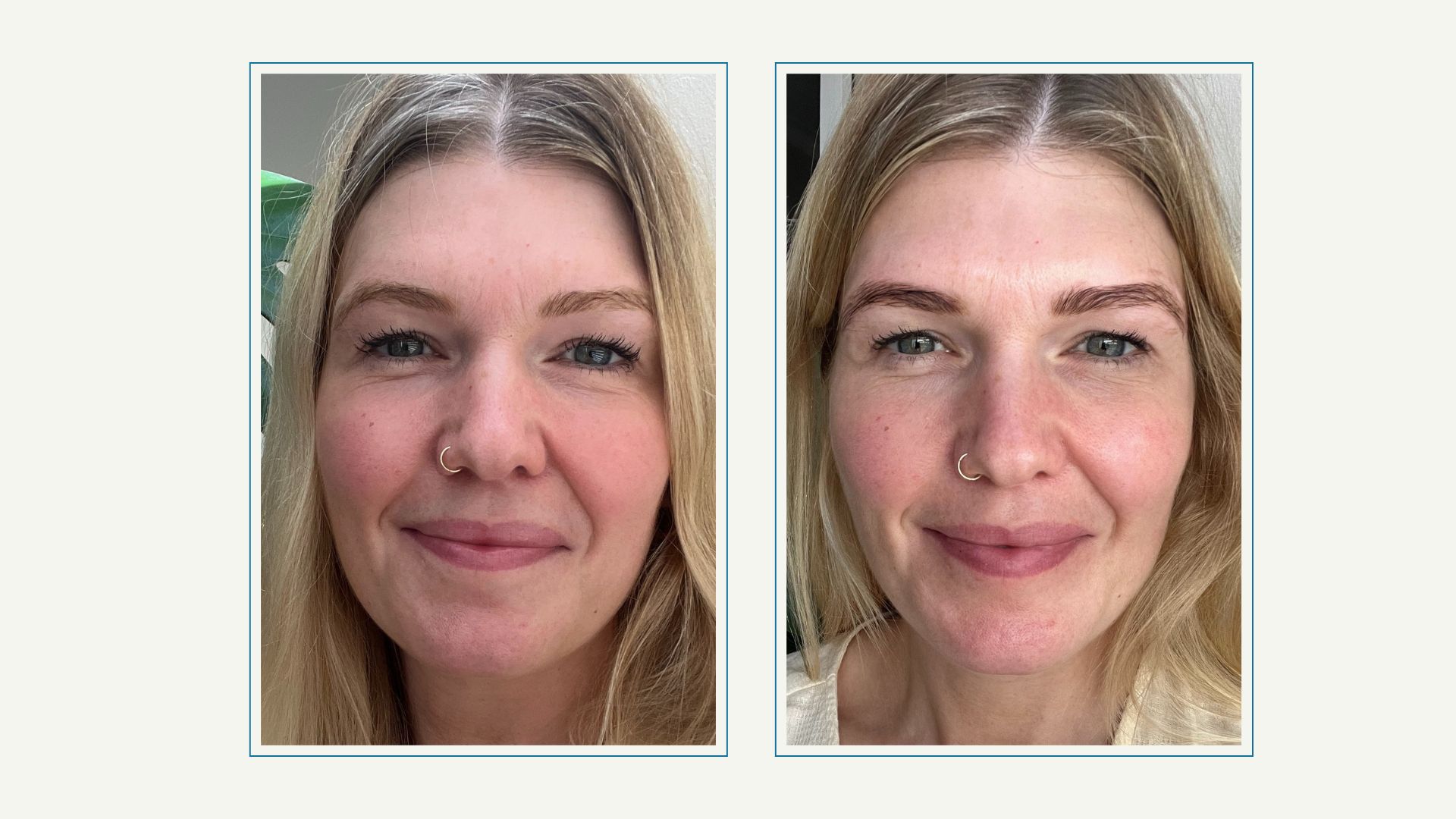 an image of beauty editor fiona mckim with blonde hair and sparse, light brown eyebrows, next to an image of the same person but with darker, full looking and defined eyebrows