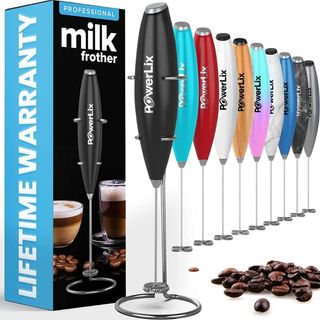 A product image of 10 different colored handheld milk frothers next to each other with coffee beans next to it