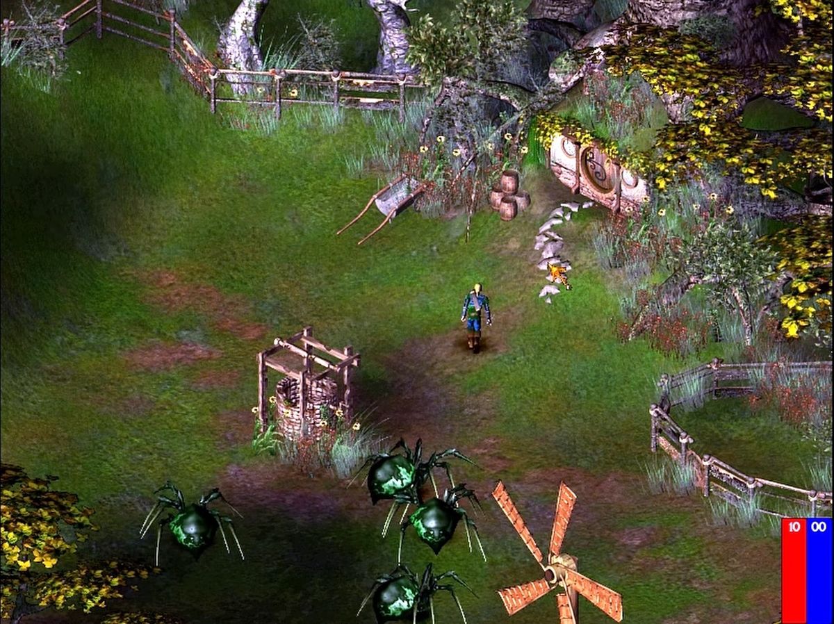 Isometric Gameplay of canceled lord of the rings game on Arcanum engine showing green fields, a river, and a hobbit hole door