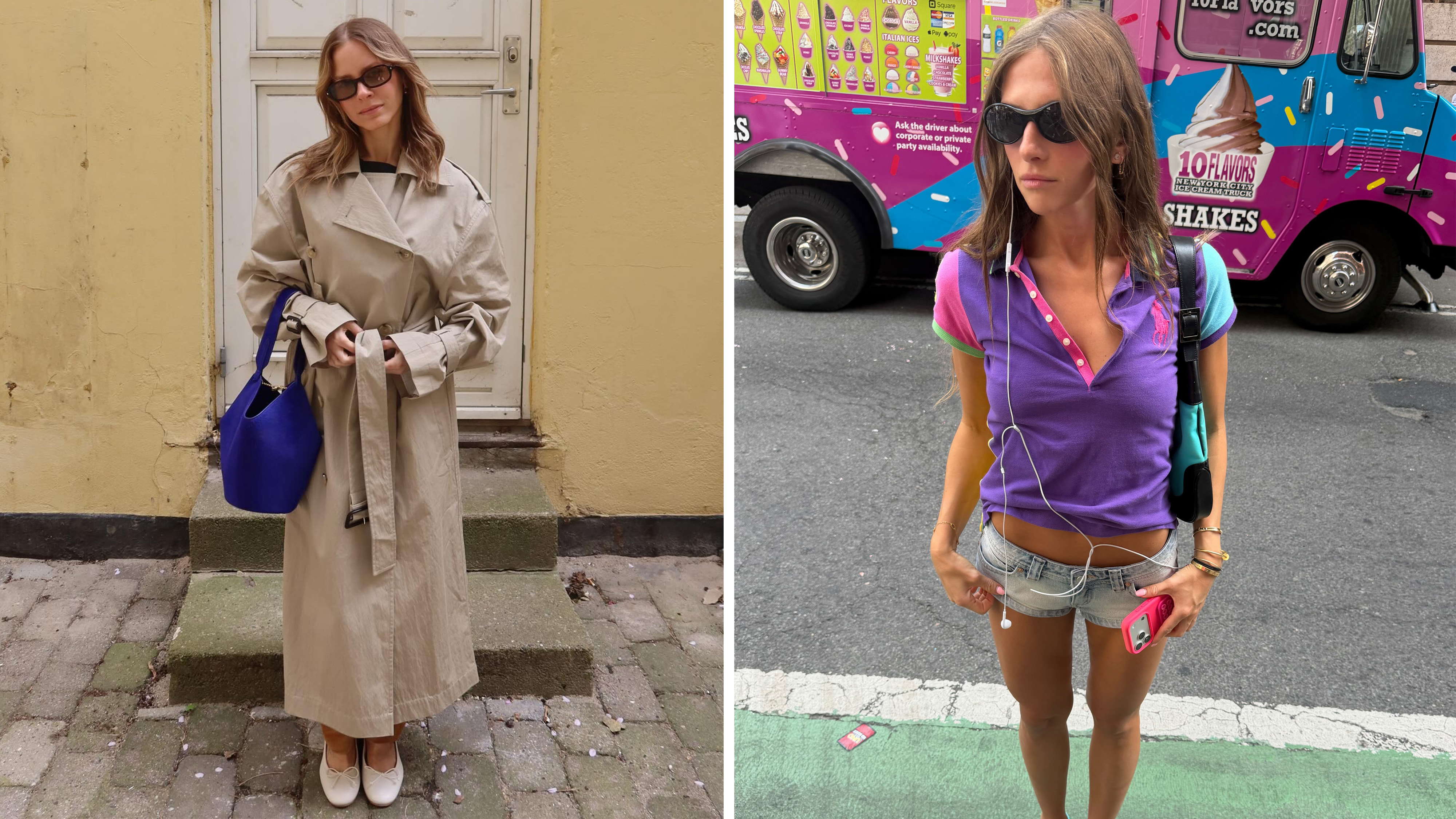 Two women wear purple&mdash;one a purple bag and the other a purple Polo shirt.