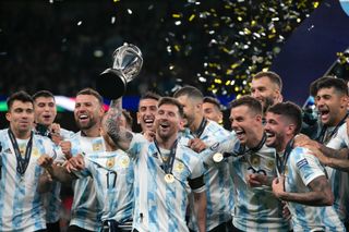 Lionel Messi and his Argentina team-mates celebrate after beating Italy at Wembley to win La Finalissima in June 2022.