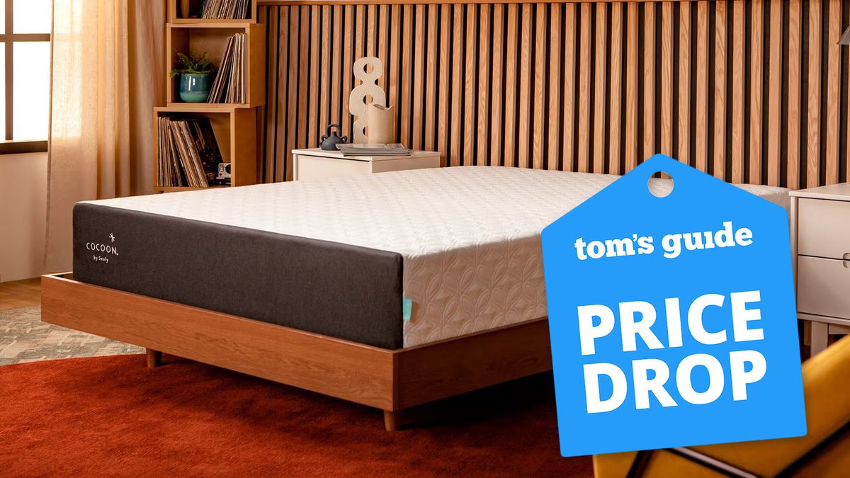 The Cocoon by Sealy Chill Hybrid Mattress in a bedroom with a Tom&#039;s Guide price drop deals graphic (right)