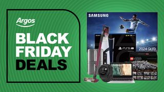 Collage of tech products from the Argos Black Friday sale, including a Samsung TV, PS5 Pro, Ninja Air Fryer, Shark vacuum, Chromebook, Lego and Garmin smartwatch