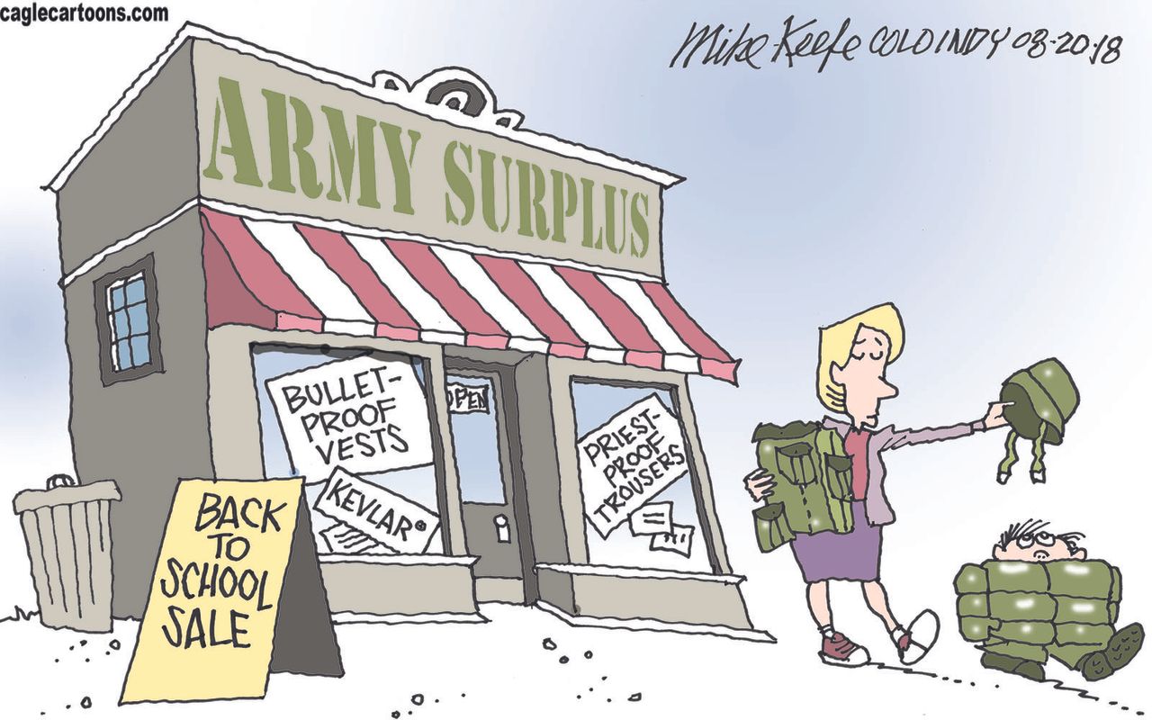 Editorial cartoon U.S. Back to school bulletproof vest shopping Catholic sex abuse scandal