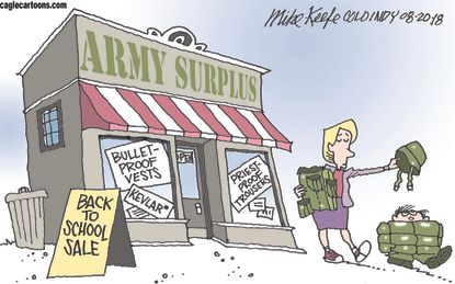Editorial cartoon U.S. Back to school bulletproof vest shopping Catholic sex abuse scandal