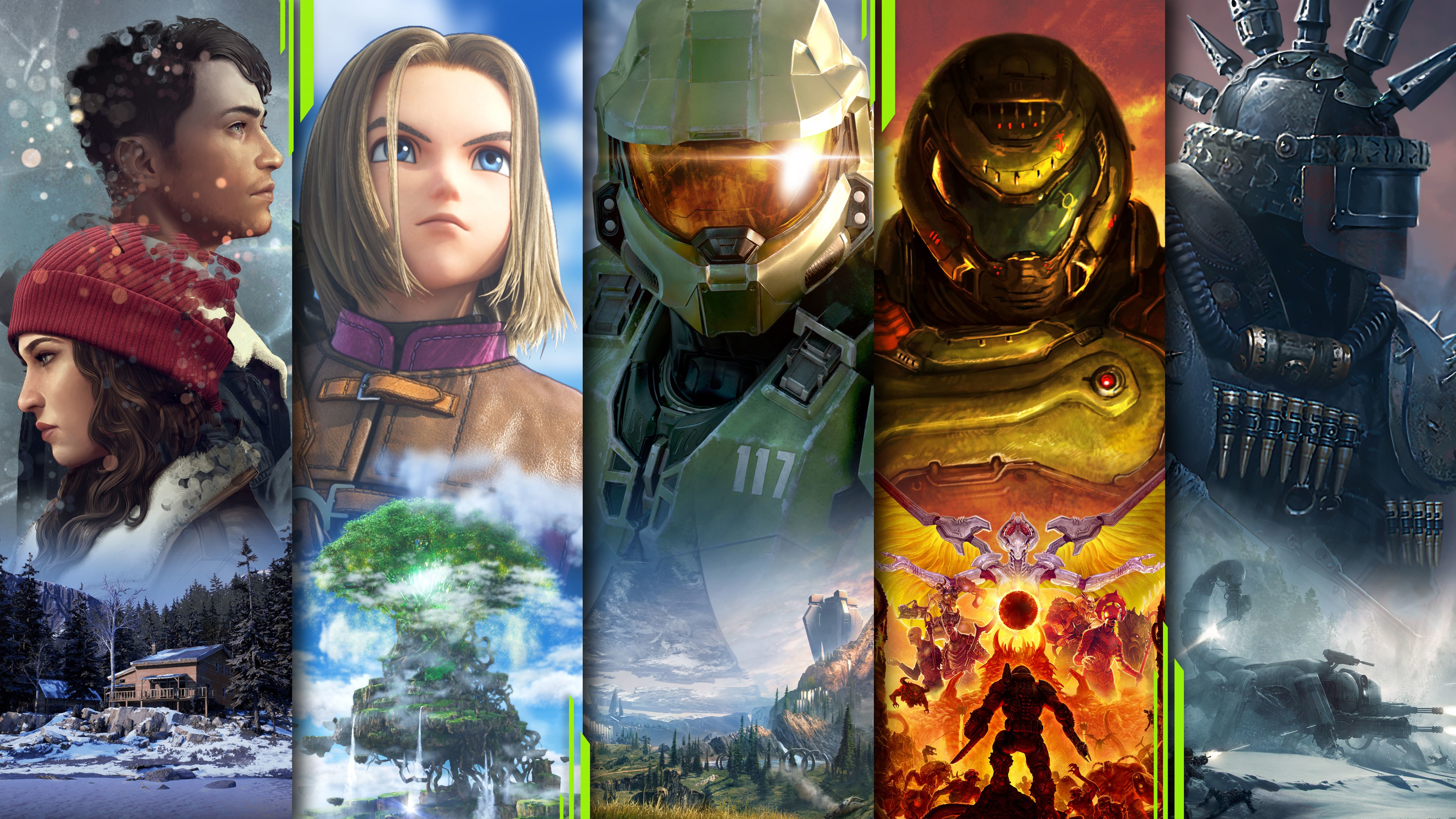 Four video game characters in a row, including Halo's Master Chief and Doom's Doomslayer