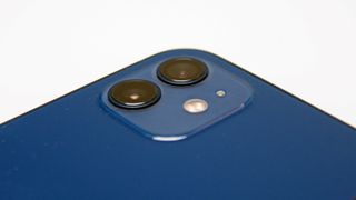 A close-up of the rear cameras on the iPhone 12