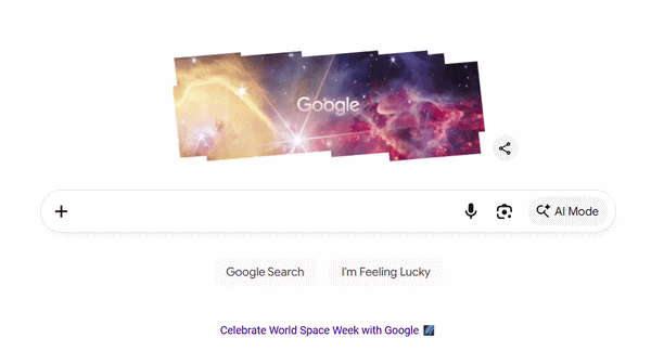 a google search bar sits under an illustration of the google logo over a shiering nebula in space.