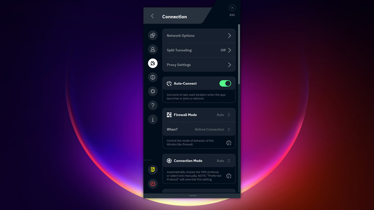 Windscribe Free settings menu