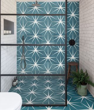 bath room with peacock wall tiles