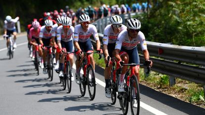 Trek-Segafredo head the peloton during stage 12 of the 2022 Giro
