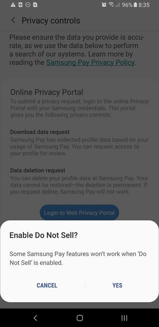 Samsung Pay privacy settings