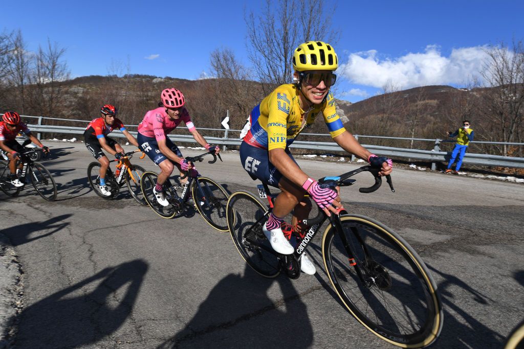 PRATI DI TIVO ITALY MARCH 13 Sergio Andres Higuita Garcia of Colombia and Team EF Education Nippo during the 56th TirrenoAdriatico 2021 Stage 4 a 148km stage from Terni to Prati di Tivo 1450m Prati di Tivo 1450m Snow Mountains TirrenoAdriatico on March 13 2021 in Prati di Tivo Italy Photo by Tim de WaeleGetty Images