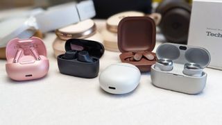 Wireless earbuds on surface
