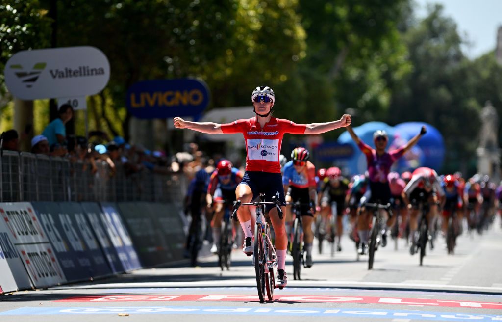 FOLIGNO ITALY JULY 11 Lotte Kopecky of Belgium and Team SD Worx Protime Red Sprint Jersey celebrates at finish line as stage winner during the 35th Giro dItalia Women 2024 Stage 5 a 108km stage from Frontone to Foligno UCIWWT on July 11 2024 in Foligno Italy Photo by Luc ClaessenGetty Images