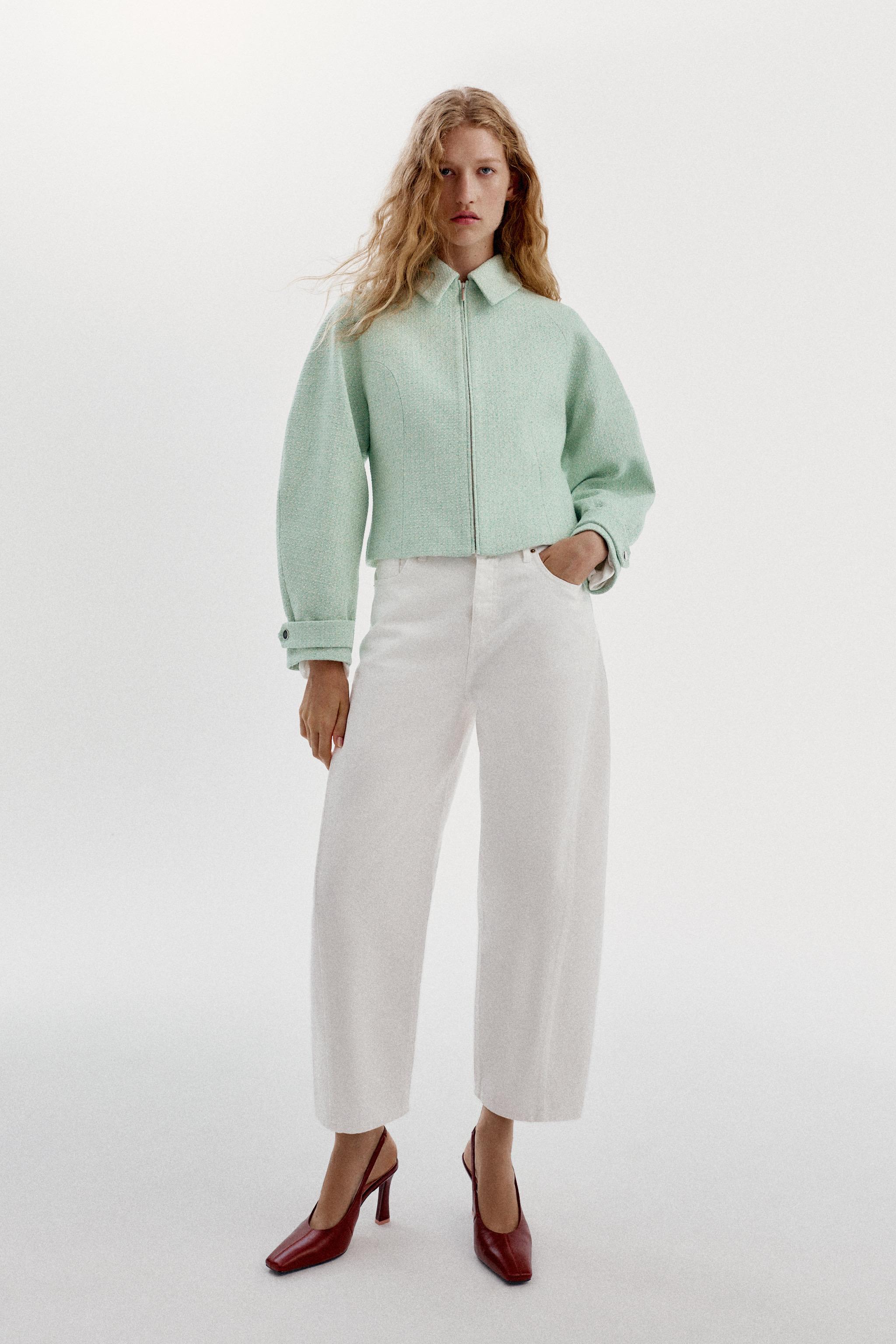 Textured Zip-Up Jacket - Ecru / Green - Xs