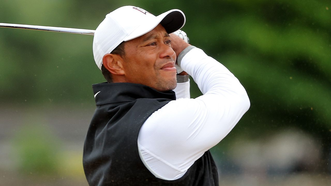 Tiger Woods takes a shot during the 150th Open at St Andrews