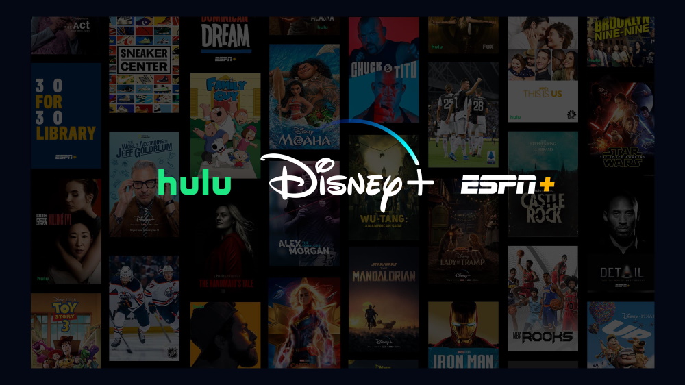A screenshot of the Hulu, Disney Plus, and ESPN Plus logos on a black background