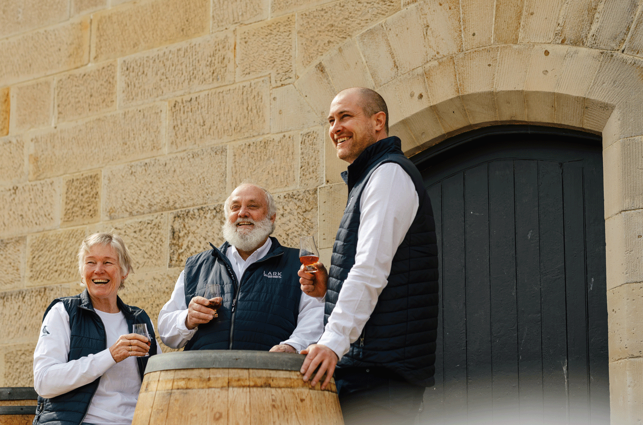 Bill and Lyn Lark, Chris Thomson, Lark Distillery, Tasmania