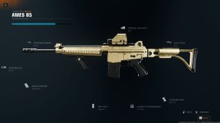 The AMES 85 in Black Ops 6 in gold camo showing all its attachments.