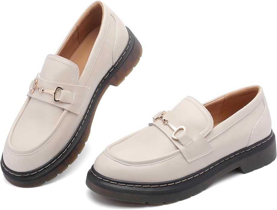 GUTOUGE, Slip on Chunky Loafers for Women Comfortable Oxford Platform Loafers Lug Sole Beige