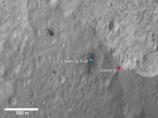 This image shows a closer view of the landing site of NASA's Curiosity rover and a destination nearby known as Glenelg.