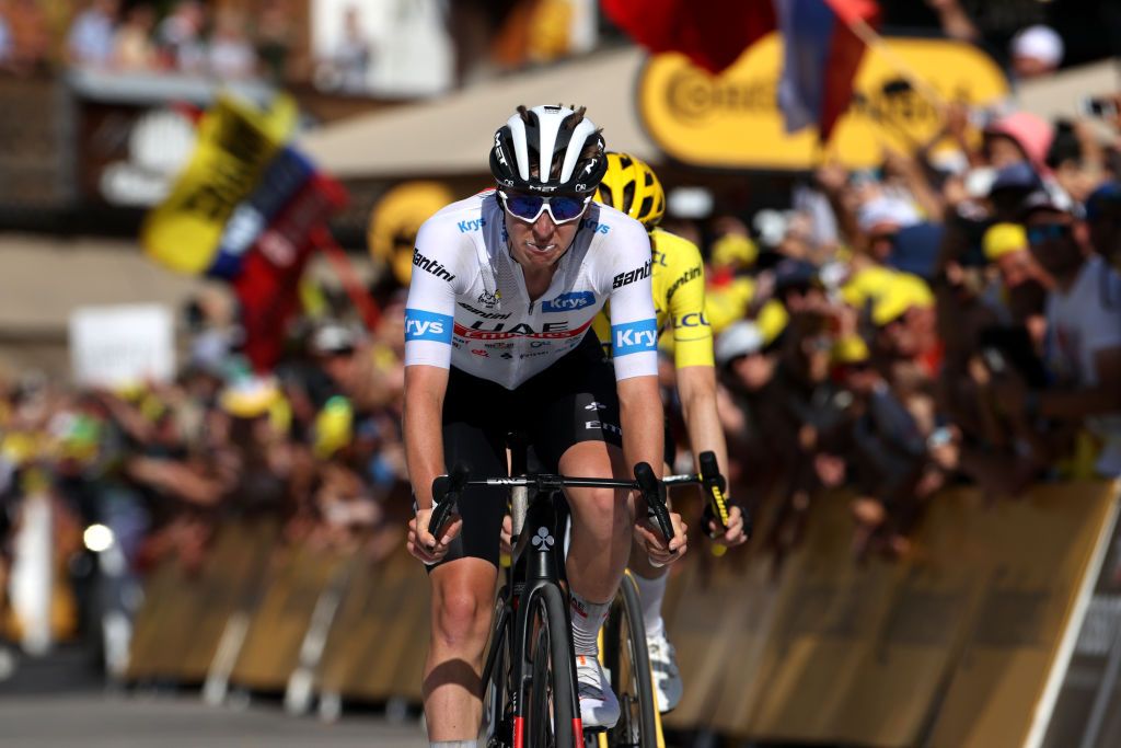 MORZINE LES PORTES DU SOLEIL FRANCE JULY 15 Tadej Pogacar of Slovenia and UAE Team Emirates White best young jersey crosses the finish line as second place during the stage fourteen of the 110th Tour de France 2023 a 1518km stage from Annemasse to Morzine les Portes du Soleil UCIWT on July 15 2023 in Morzine les Portes du Soleil France Photo by Michael SteeleGetty Images