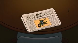 An edition of The Daily Bugle sitting on a table in Your Friendly Neighborhood Spider-Man